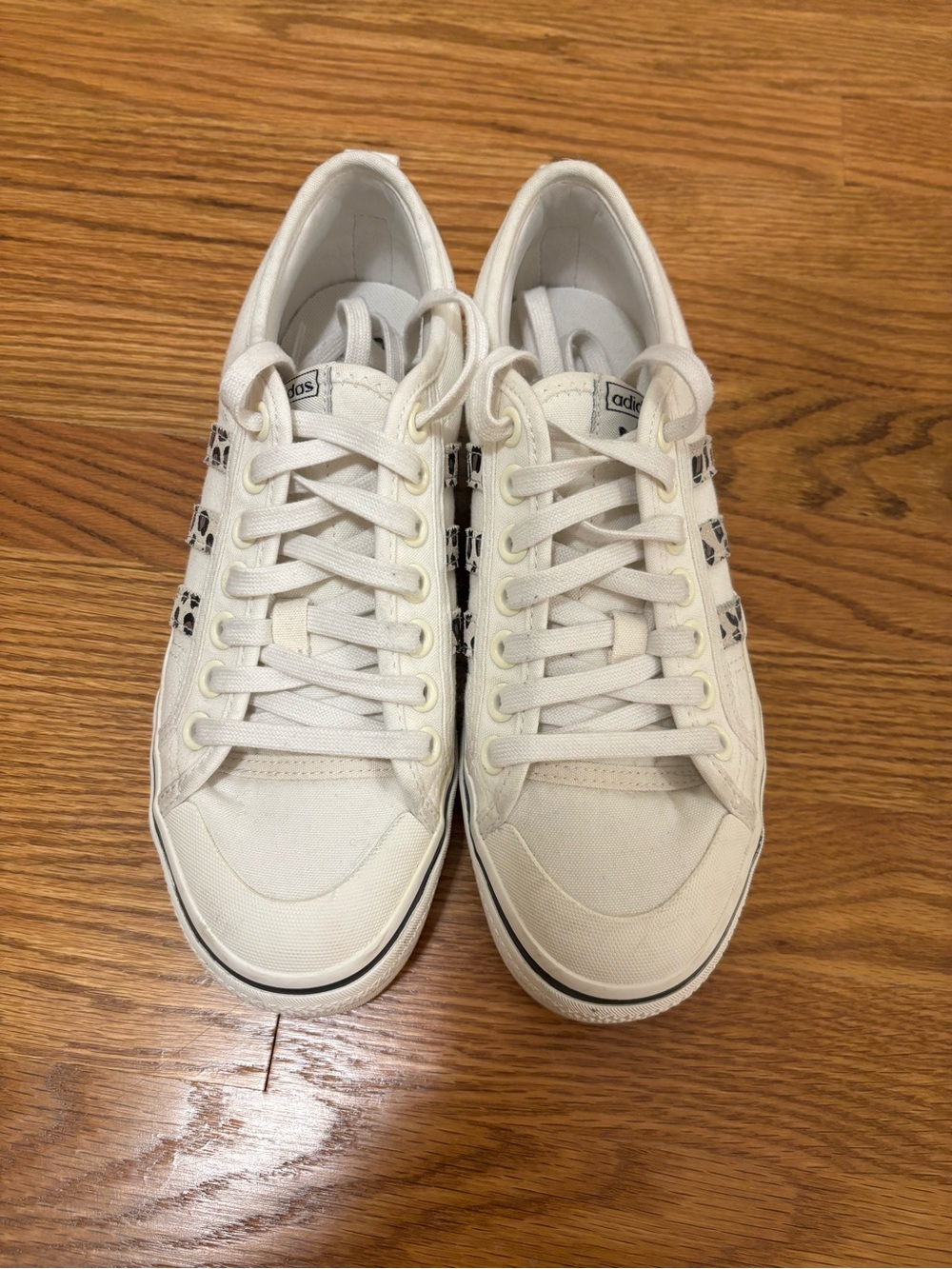 adidas Women’s White Canvas Sneakers with Leopard Stripe Accents